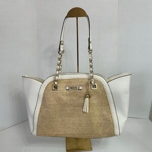 Jessica Simpson Tote Bag‎ Straw Panel Chain Strap White Shoulder Bag Large